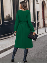 Buttoned Tie Front Long Sleeve Asymmetrical Neck Dress