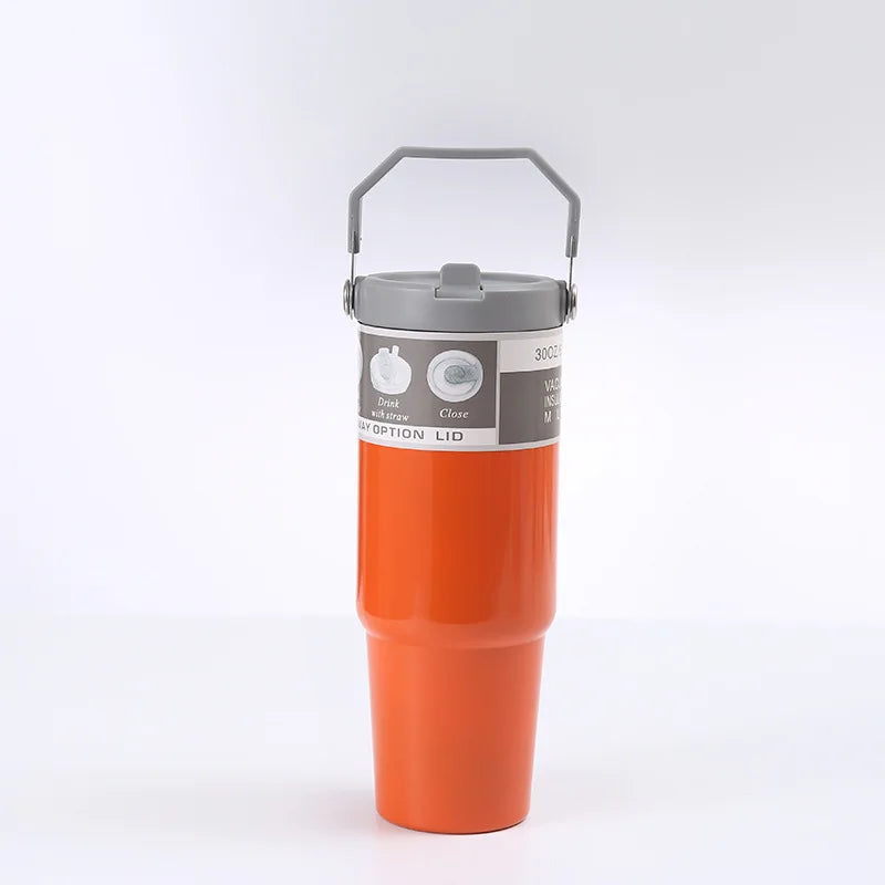 900Ml Portable Car Cup Stainless Steel Thermos Cup with Straw Travel Sports Water Bottle with Handle Cover Coffee Vacuum Flask