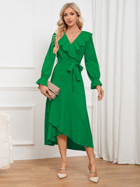 Surplice Tie Front Flounce Sleeve Dress