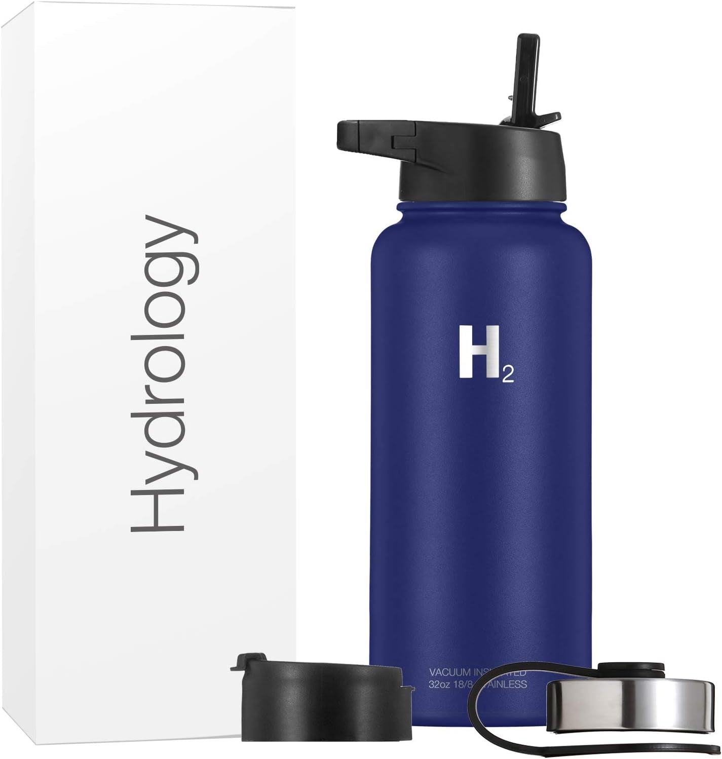 Water Bottle - 18 Oz, 22 Oz, 32 Oz, 40 Oz, or 64 Oz with 3 LIDS Double Wall Vacuum Insulated Stainless Steel Wide Mouth Sports Hot & Cold Thermos (32 Oz, Blue)