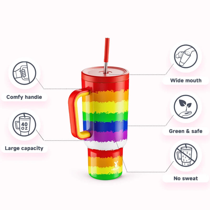 Cup 40Oz Large Tumbler Straw Cup with Lid Leak-Proof Sainless Steel Vacuum Insulated Car Mug Water Bottle Pride Month