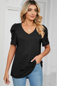 Heathered V-Neck Puff Sleeve T-Shirt