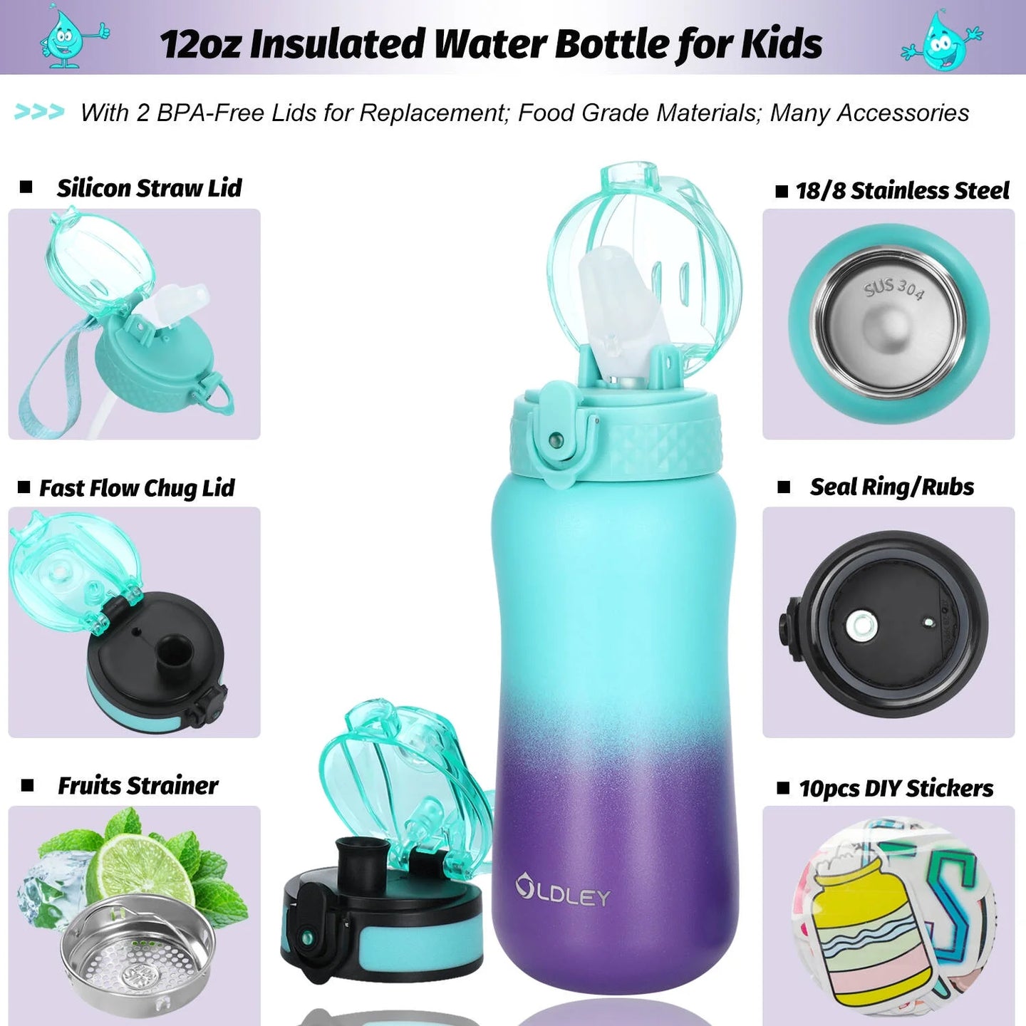 12 Oz Insulated Kids Water Bottle for Boy Girl with Straw/Chug/ One-Click-Open Lids Strainer Stainless Steel Water Bottles Double Wall Vacuum Wide Mouth BPA Free Leak-Proof for School Todler