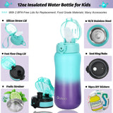 12 Oz Insulated Kids Water Bottle for Boy Girl with Straw/Chug/ One-Click-Open Lids Strainer Stainless Steel Water Bottles Double Wall Vacuum Wide Mouth BPA Free Leak-Proof for School Todler