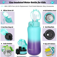 12 Oz Insulated Kids Water Bottle for Boy Girl with Straw/Chug/ One-Click-Open Lids Strainer Stainless Steel Water Bottles Double Wall Vacuum Wide Mouth BPA Free Leak-Proof for School Todler