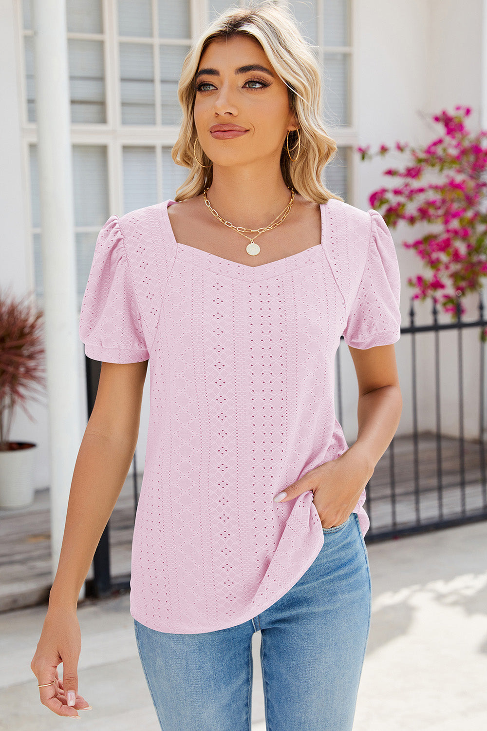 Eyelet Puff Sleeve T-Shirt