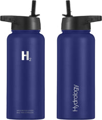 Water Bottle - 18 Oz, 22 Oz, 32 Oz, 40 Oz, or 64 Oz with 3 LIDS Double Wall Vacuum Insulated Stainless Steel Wide Mouth Sports Hot & Cold Thermos (32 Oz, Blue)