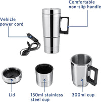 Electric Tea Kettle, 300Ml Car Electric Kettle 12V Stainless Steel Electric In-Car Travel Heating Cup Car Water Heater Travel Portable Heating Cup with Lid for Most Car Cup Holders, 6.5X19.5Cm