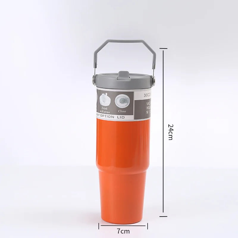 900Ml Portable Car Cup Stainless Steel Thermos Cup with Straw Travel Sports Water Bottle with Handle Cover Coffee Vacuum Flask