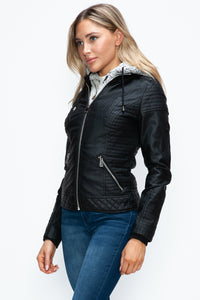 YMI Faux Layered Double-Zipper Jacket with Fuzzy Hood