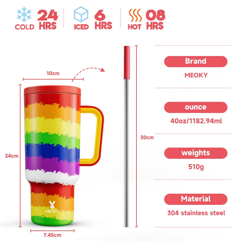 Cup 40Oz Large Tumbler Straw Cup with Lid Leak-Proof Sainless Steel Vacuum Insulated Car Mug Water Bottle Pride Month