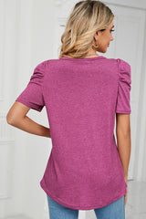 Heathered V-Neck Puff Sleeve T-Shirt