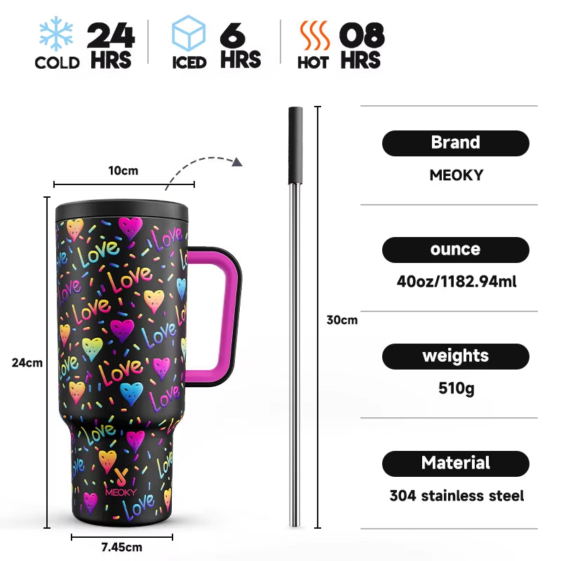 Cup 40Oz Large Tumbler Straw Cup with Lid Leak-Proof Sainless Steel Vacuum Insulated Car Mug Water Bottle Pride Month