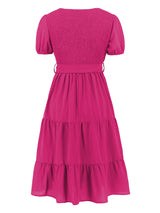 Smocked Tie Front Short Sleeve Tiered Dress