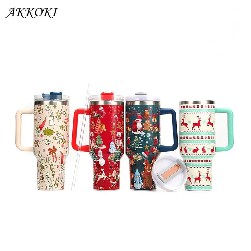 Christmas Style Travel Coffee Mug Stainless Steel Car Thermal Mug with Straw Vacuum Flask Thermos Tumbler Bottle Water Cup Gift