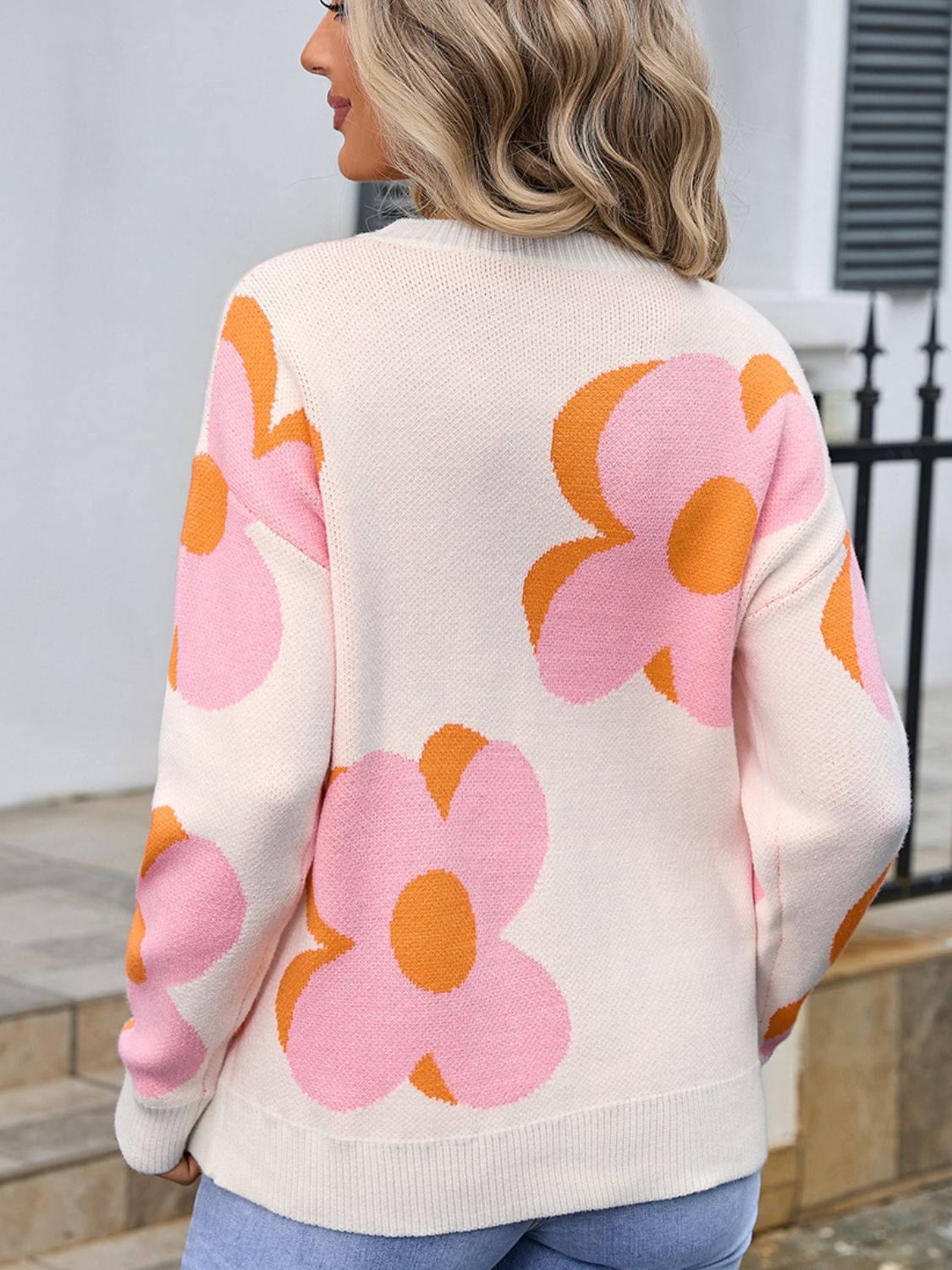 Angel Wings Flower Round Neck Long Sleeve Sweater