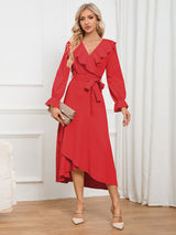 Surplice Tie Front Flounce Sleeve Dress