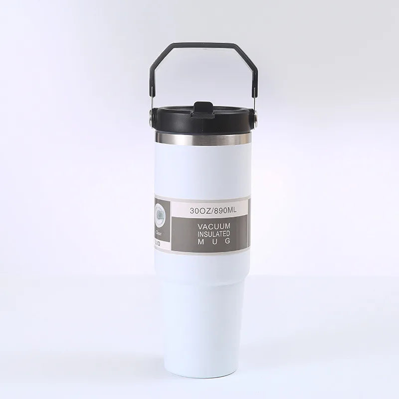 900Ml Portable Car Cup Stainless Steel Thermos Cup with Straw Travel Sports Water Bottle with Handle Cover Coffee Vacuum Flask