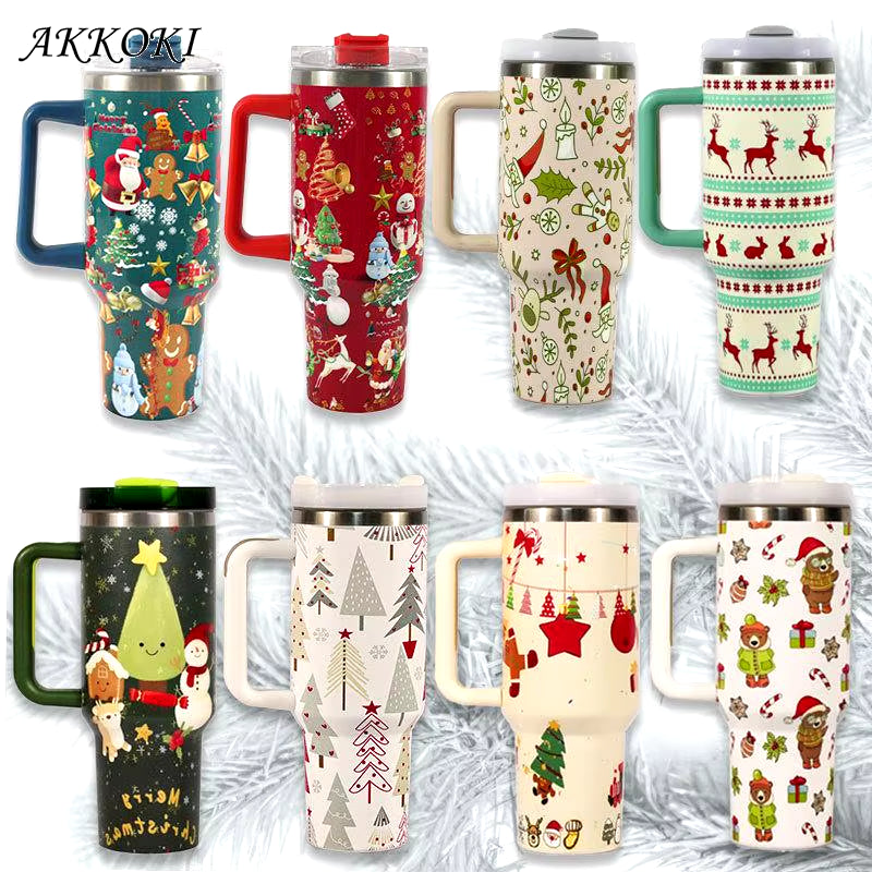 Christmas Style Travel Coffee Mug Stainless Steel Car Thermal Mug with Straw Vacuum Flask Thermos Tumbler Bottle Water Cup Gift