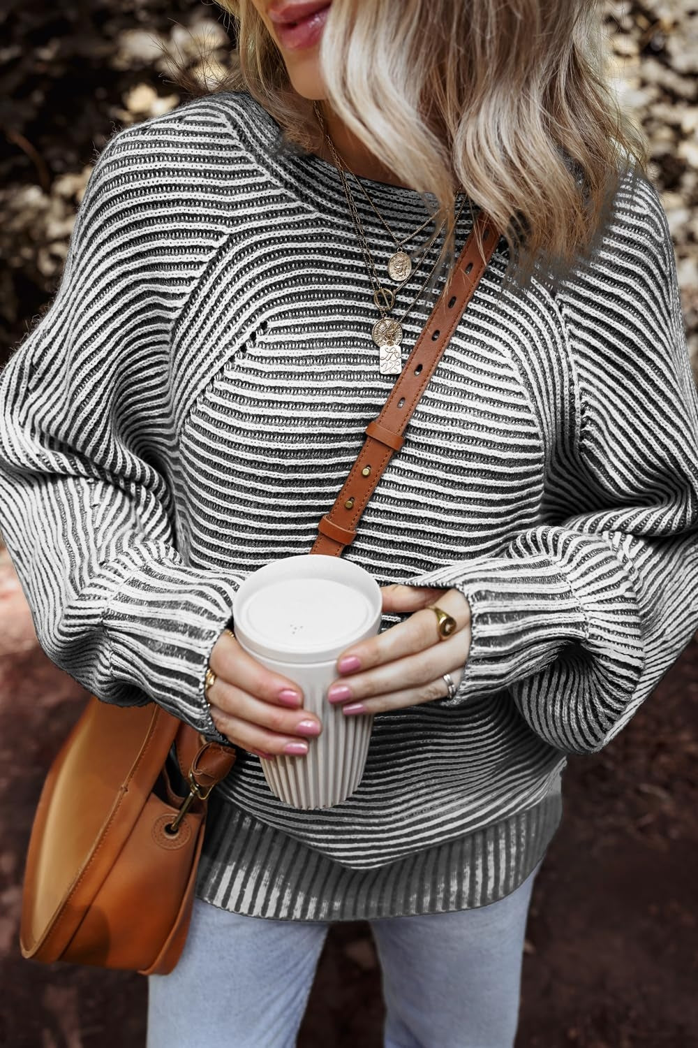 Textured Striped Round Neck Long Sleeve Top