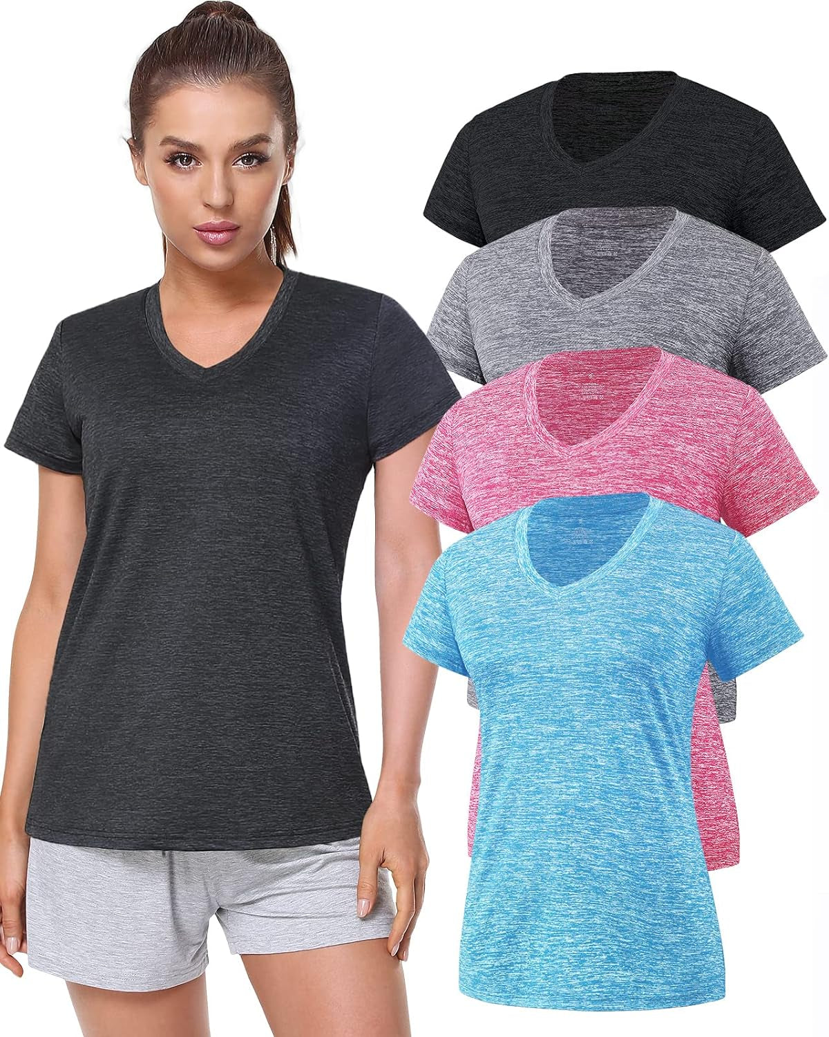 3-4 Pack Women'S Dry Fit Tshirt Short Sleeve Moisture Wicking Athletic Shirts Sport Activewear Tee V Neck Workout Top