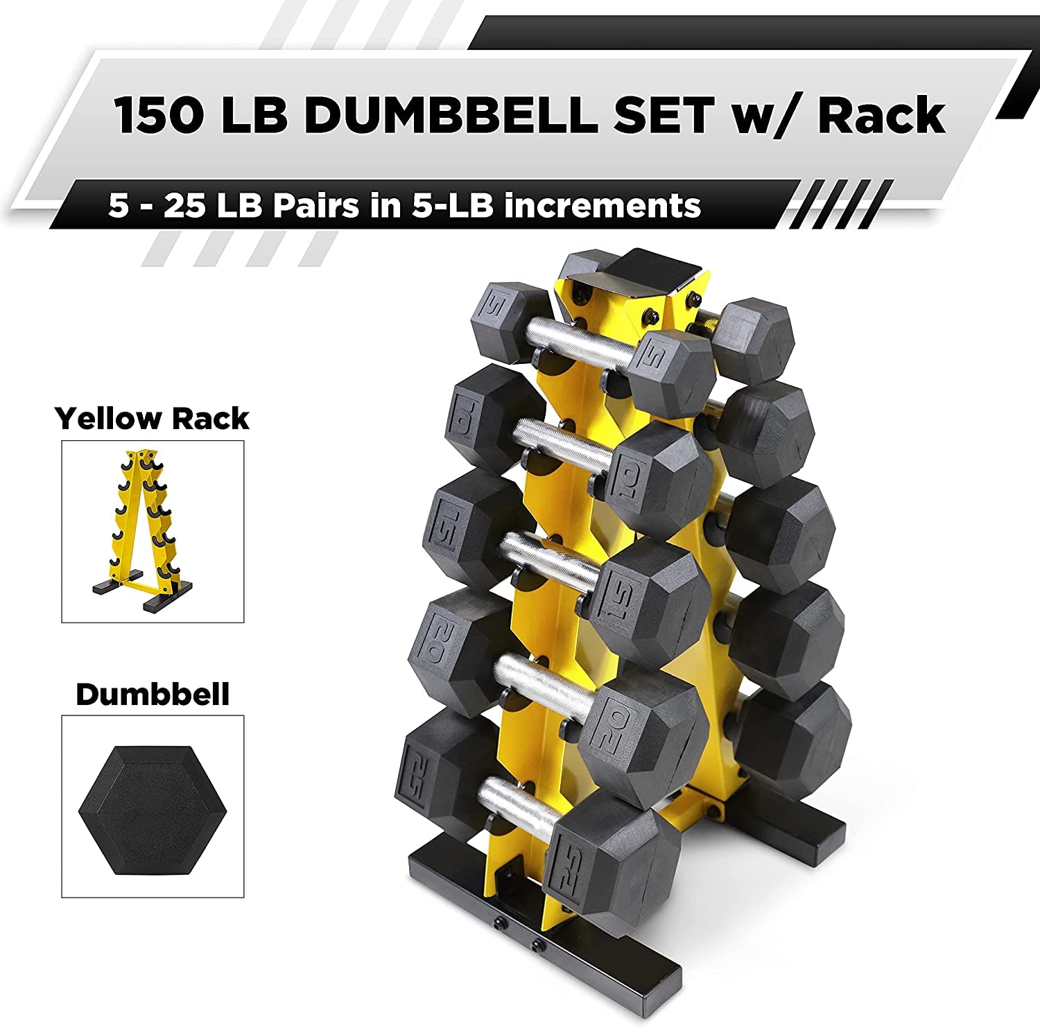 5-25Lb Rubber Coated Hex Dumbbell Set with a Frame Storage Rack Non-Slip Hex Shape for Muscle Toning, Strength Building & Weight Loss - Multiple Choices Available