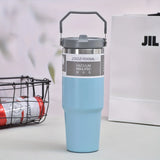 900Ml Portable Car Cup Stainless Steel Thermos Cup with Straw Travel Sports Water Bottle with Handle Cover Coffee Vacuum Flask