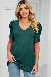 Heathered V-Neck Puff Sleeve T-Shirt