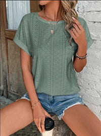 Eyelet Round Neck Short Sleeve T-Shirt