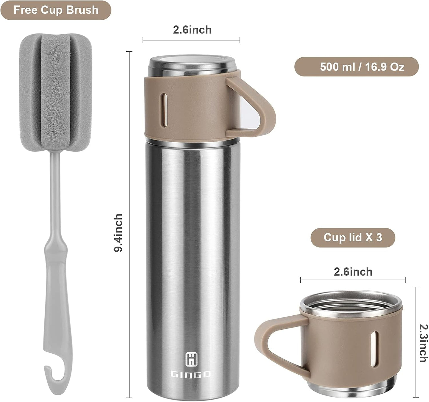 Stainless Steel Thermo 500Ml/16.9Oz Vacuum Insulated Bottle with Cup for Coffee Hot Drink and Cold Drink Water Flask.(Brown,Set)