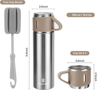 Stainless Steel Thermo 500Ml/16.9Oz Vacuum Insulated Bottle with Cup for Coffee Hot Drink and Cold Drink Water Flask.(Brown,Set)