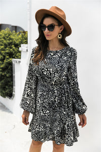 Animal Print Round Neck Balloon Sleeve Mini Dress