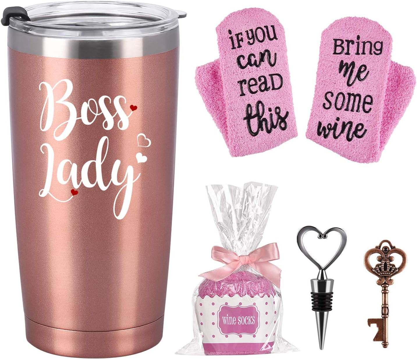 Boss Day Gifts-Boss Lady Travel Tumbler Cupcake Socks Set, Funny Gifts for Women Boss Lady Wine Lover Mom Christmas Birthday, Stainless Steel Insulated Tumbler with Lid Socks Opener (20Oz, Rose Gold)