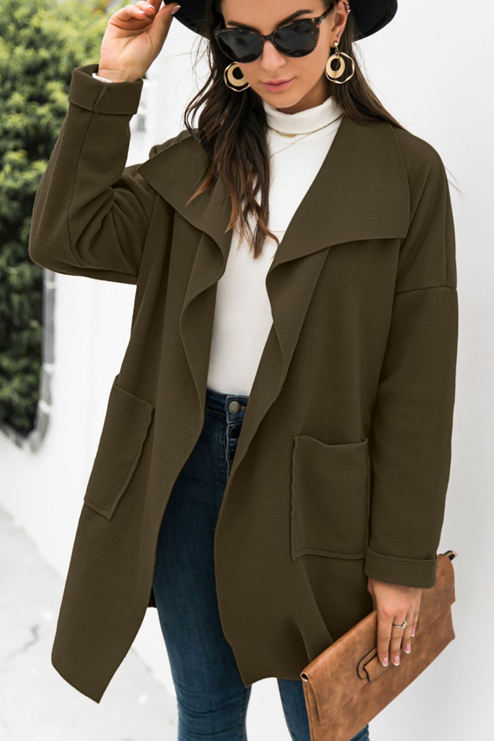 Waterfall Collar Brushed Longline Coat with Pockets