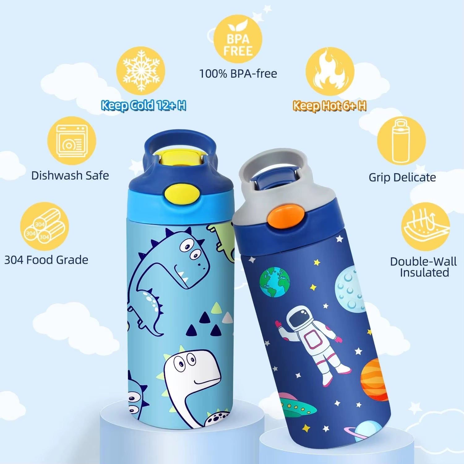 Sublimation Tumbler, 12Oz Sublimation Kids Water Bottle with One-Click Pop-Up Straw Lid and Handle