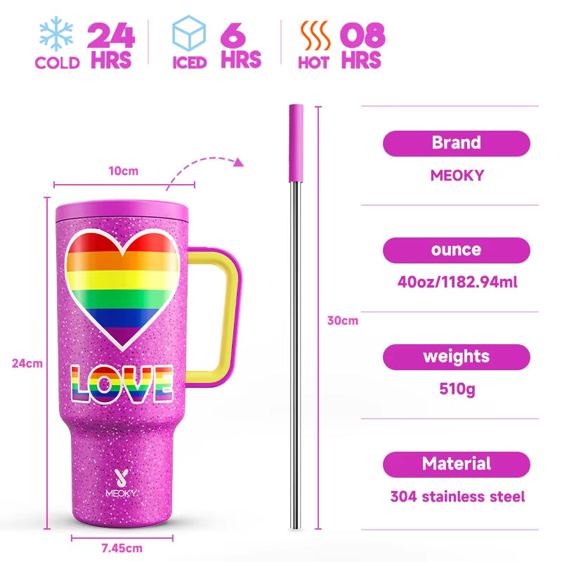 Cup 40Oz Large Tumbler Straw Cup with Lid Leak-Proof Sainless Steel Vacuum Insulated Car Mug Water Bottle Pride Month